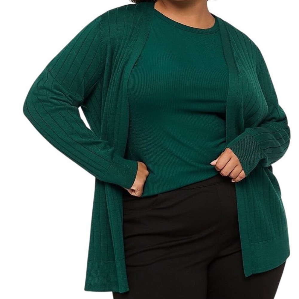 Lane Bryant Modern Open-Front Ribbed Cardigan Sweater Dark Green Plus Size 22/24